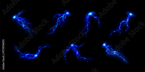 Electric thunder with blue bolt branches for game effects and digital art assets. Glowing lightning strikes with bright plasma cores and energy sparkles. Dynamic storm elements for fantasy projects.
