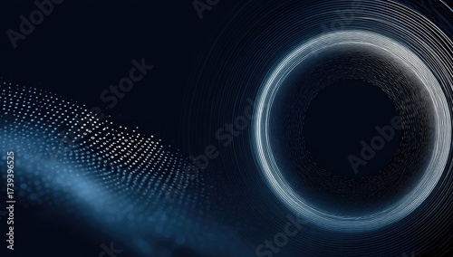 Abstract digital art featuring a dark blue background with a glowing white circular form and floating dots