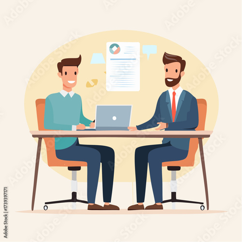 Flat vector illustration of HR manager interviewing a job candidate, office desk with documents and laptop, recruitment and hiring process