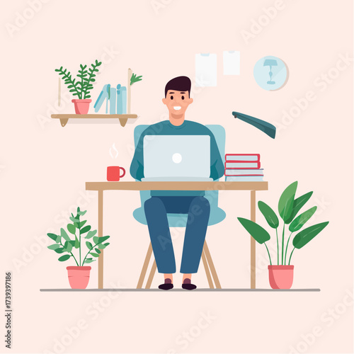 Flat vector illustration of young professional working remotely from home