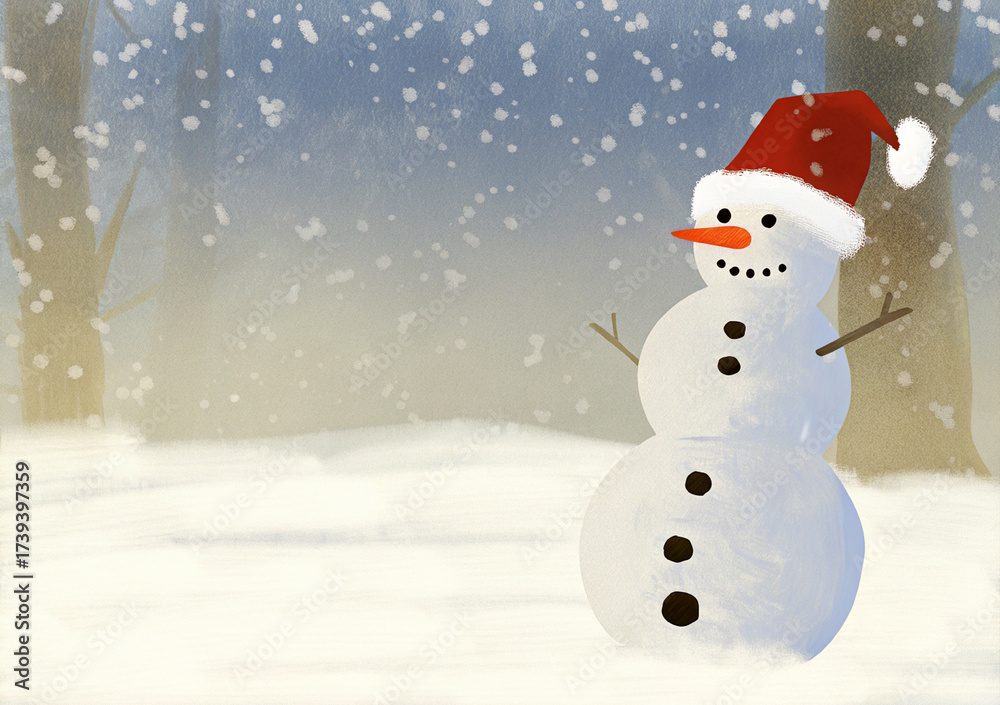 Fototapeta premium Whimsical Watercolor Snowman with Red Hat in a Winter Wonderland Scene