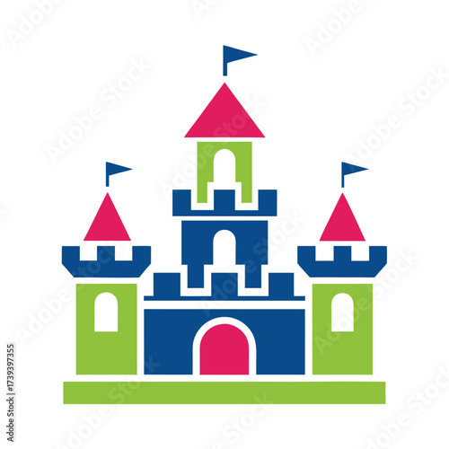 Wallpaper Mural Stylized cartoon castle with blue green and pink towers and flags fantasy building Torontodigital.ca