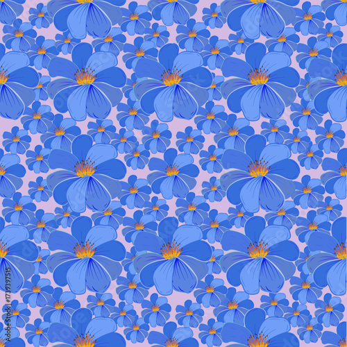  A dense, repeating pattern of overlapping royal blue flowers with bright yellow-orange centers on a soft lavender-pink background.