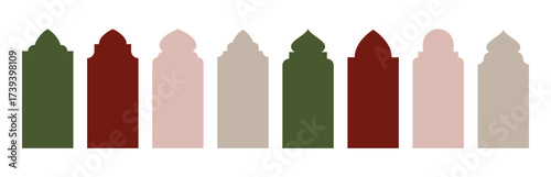 Islam arch shape frame collection with decorative mosque style silhouettes for cultural designs or architectural elements. Traditional Middle Eastern borders for invitations or religious artwork.