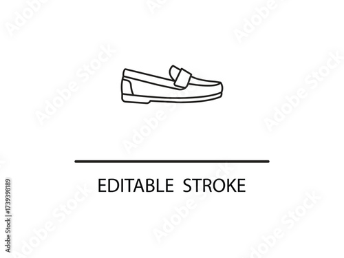 Sleek line art of a modern loafer shoe design for fashion templates or creative projects with editable stroke styling available.