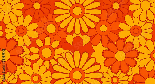 Vibrant retro floral seamless pattern featuring stylized daisies in warm orange and yellow colors, reminiscent of 1960s and 1970s psychedelic groovy designs, perfect for vintage backgrounds and textil