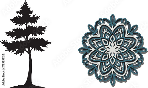 Tree silhouette, mandala design, nature and geometry, black vector, symmetrical artwork, spiritual icon, layered pattern, contrast layout, white background, artistic fusion