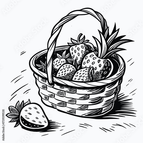 Vector illustration of a fresh, healthy basket of ripe tropical fruits like pineapple, orange, apple, and banana, isolated on white