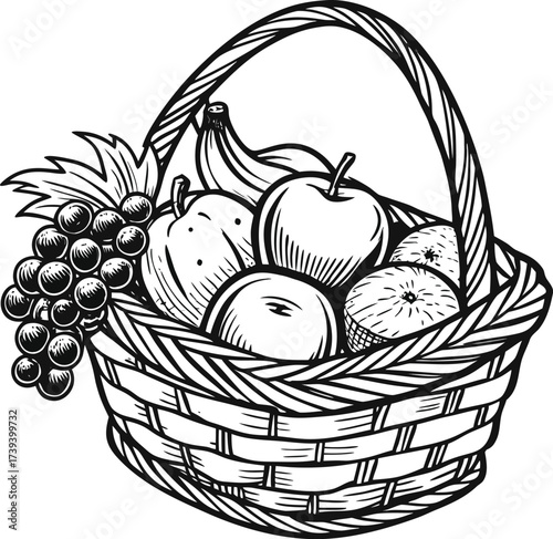 A charming basket with fruits and berries on a table, including some apples and grapes