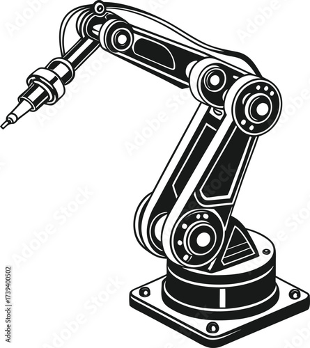 Vintage black robot hand drawn illustration with a retro electric guitar and scientific microscope isolated on white