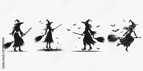 witch on a broom sketch illustration vector set