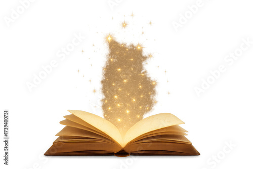 Open book glowing with magic sparkling dust