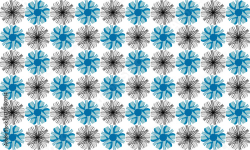 abstract flower dot round snowflakes two tone blue and black star flower asterisk pattern on white background as seamless repeat style replete image design for fabric printing, blue checkerboard