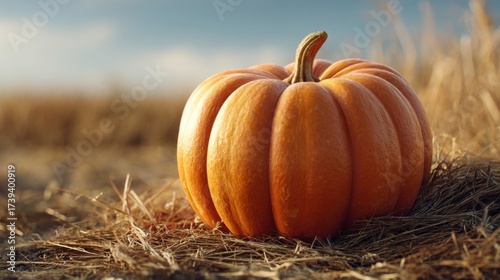 A vibrant orange pumpkin rests on dry straw in a serene autumn field, capturing the essence of harvest season.