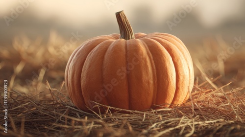 Close-up of a vibrant orange pumpkin resting on hay, capturing the essence of autumn's harvest season.