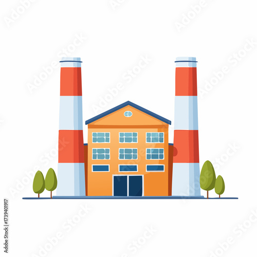 Vibrant vector illustration depicting a contemporary industrial factory with prominent tall chimneys and surrounding greenery, an emblem of economic activity and manufacturing progress