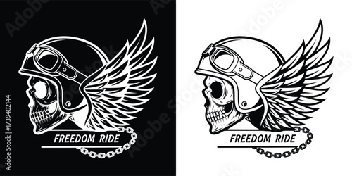 Skull with wings and helmet, text freedom ride and chain, vintage biker emblem, grunge style, isolated on white background