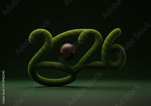 Green Moss Numbers 2026 with Wooden Orb on Dark Background