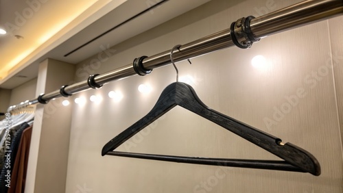 Minimalist clothing hanger on metal rack with soft ambient lighting