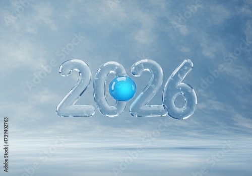 Transparent Ice Numbers 2026 with Blue Sphere on Cloudy Background