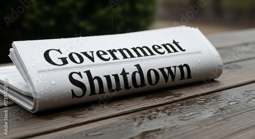 Folded newspaper with bold headline on a doorstep, showcasing a government shutdown during a rainy weather