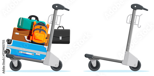 Luggage trolley full of travel bags and empty shopping cart. Airport baggage and tourism concept. Holiday trip and vacation item.