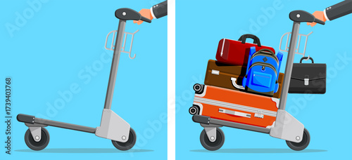 Man pushing luggage cart at airport with full baggage and empty trolley. Travel concept for vacation or business trip.