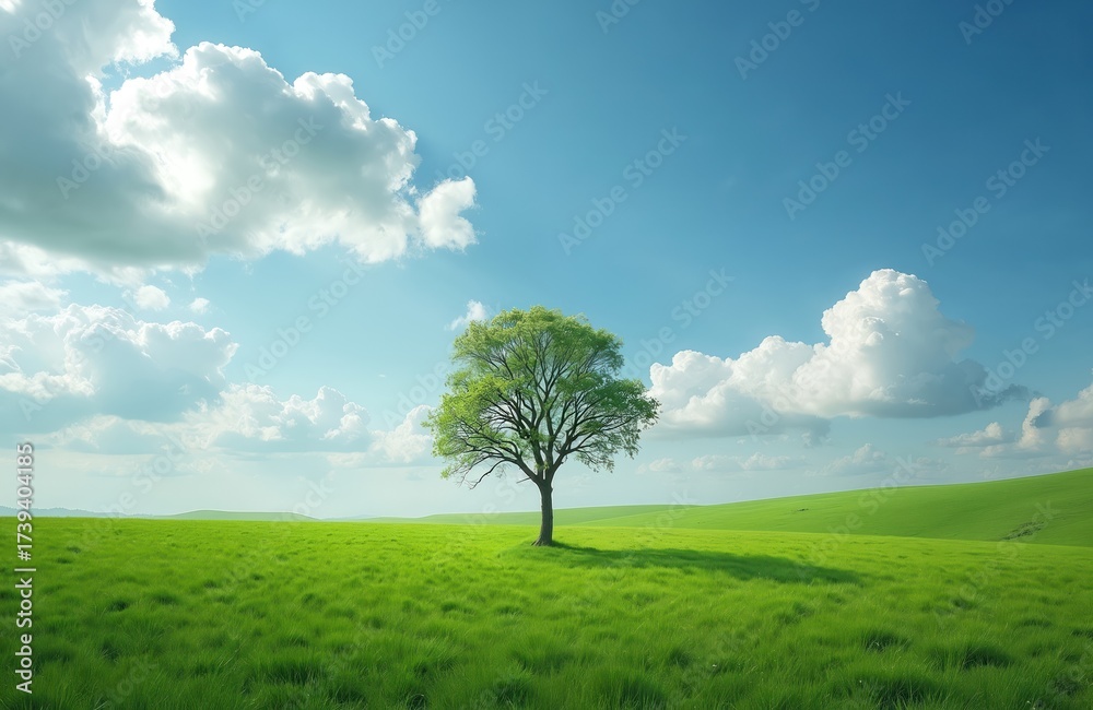 Fototapeta premium Single green tree stands alone in vast grassy field under bright blue sky with fluffy white clouds. Peaceful natural landscape offers a sense of calm and solitude.