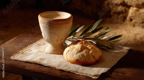 Communion elements on a wooden table, symbolizing faith and sacrifice. A still life featuring a chalice, bread, and olive branch, representing the Christian sacrament of communion and Last Supper