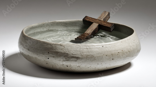 Wooden cross in water, symbolizing faith and spirituality. A wooden cross rests in a bowl of water, representing Christian baptism and faith. Image evokes themes of spirituality, prayer, and Gospel
