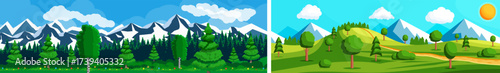 Scenic mountain panorama with dense forest and alpine meadow. Nature landscape with snow peaks. Summer or spring outdoor adventure concept.
