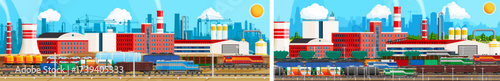 Large industrial factory panorama with freight trains carrying various goods. Industrial landscape with plants, cranes, buildings.