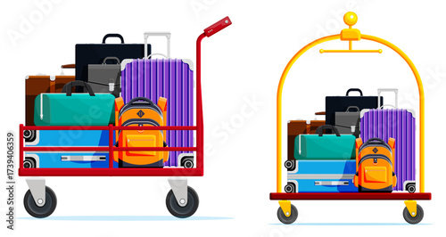 Set of two luggage carts full of bags. Travel concept for holiday or business trip. Vacation and airport transport.