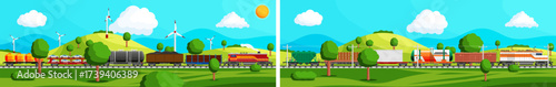 Freight train transporting goods on railway. Cargo logistics. Shipping transport. Flat vector stock illustration set collection.