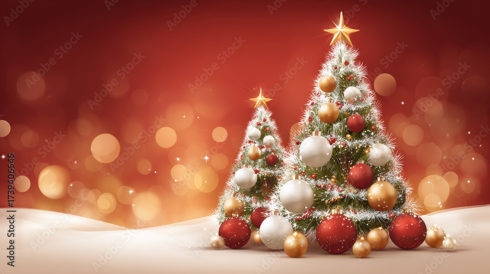 Obraz premium Christmas trees with ornaments star on top, perfect for holiday greetings. Two decorated Christmas trees stand on snowy ground, with warm red background bokeh lights, ideal for festive greeting cards