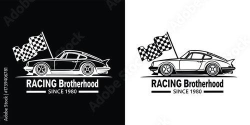 Vintage sports car with racing flags and text racing brotherhood since 1983 in black and white