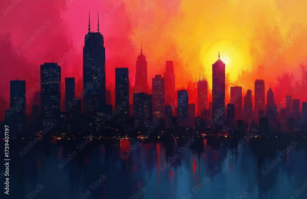 Obraz premium Abstract city skyline at sunset or sunrise. Tall buildings silhouette against a vibrant sky. Red orange yellow colors blend above dark urban towers. Water reflects vivid hues. Modern metropolis view.