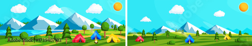 Campsite in a mountain valley near a lake with colorful tent and bonfire. Summer outdoor camp. Nature travel adventure concept.