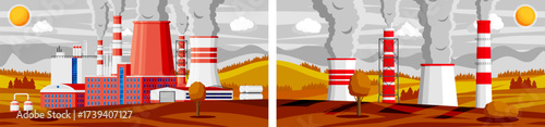 Factory chimneys emitting smoke into the sky. Pollution from industrial building. Environmental problem and global warming concept.