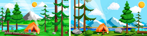 Scenic outdoor summer camping landscape with an orange tent, campfire, backpack, forest, lake, and mountains. Nature tourism concept.