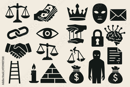 Corruption and Power Control Icons Set — Money, Manipulation, and Justice Symbols