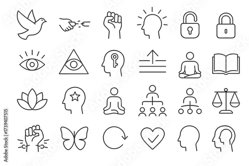 Corruption and Power Line Icons — Politics, Justice, Bribery, and Freedom Symbols Set