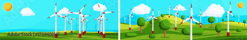 Wind turbines on green hills, generating clean energy. Renewable power concept with eco-friendly landscape. Nature conservation and sustainable development.