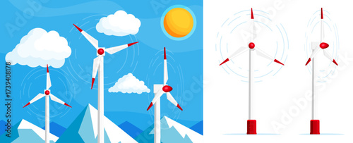 Wind turbines generating clean energy with rotating blades. Renewable power source and ecological generation concept. Flat style illustration for environmental protection.
