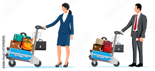 Woman and man pushing luggage cart with suitcases and backpacks. Airport passenger with trolley. Travel and vacation concept.