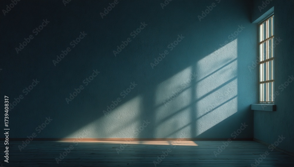 Obraz premium Sunlight streams through a tall window onto a plain wall and wooden floor in a dim room