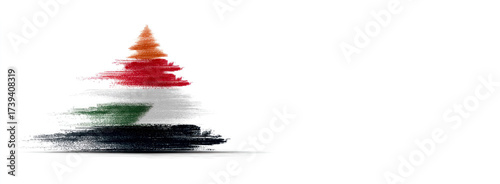 Minimalist abstract tree illustration with orange red white green and black horizontal brush strokes on white background Generative AI