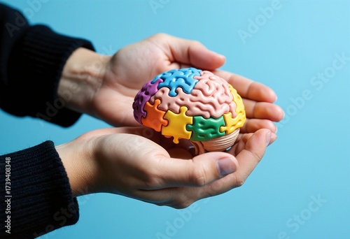 dult hands holding brain model autistic brain on light blue background, stroke, epilepsy and alzheimer's disease, stroke,world mental health day concept