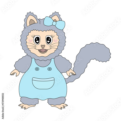 Female cat with gray fur in a blue sundress. Cute kitten with a blue bow on the ear.  Illustration. Fluffy cat in a dress with straps with buttons and a pocket, hearts in the eyes, with fangs.