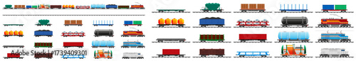 Set of different freight train transport vehicles. Railway cargo wagons and locomotives collection. Industrial logistics concept for shipping.